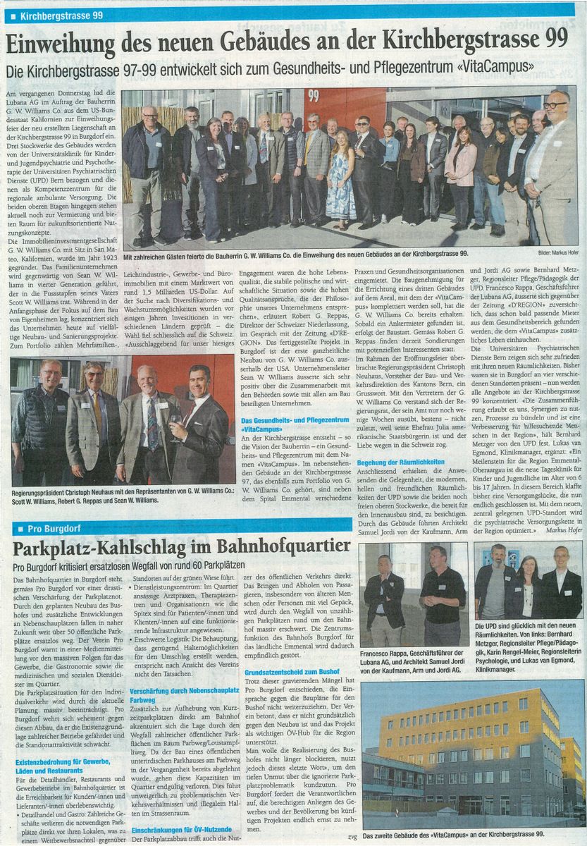Press article covering VitaCampus Burgdorf opening with health sector leaders and officials celebrating facility launch
